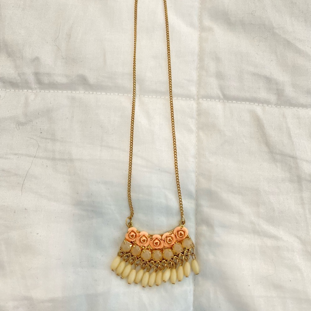 Pink and gold rose and bead dangle necklace